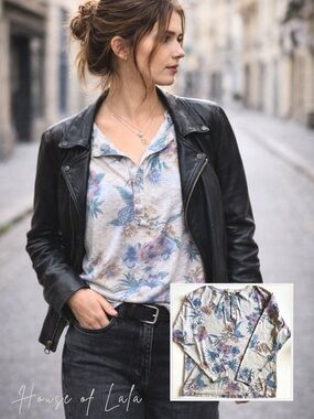 Vintage Floral Henley Top Grey Blue Soft Grunge 90s Casual Chic